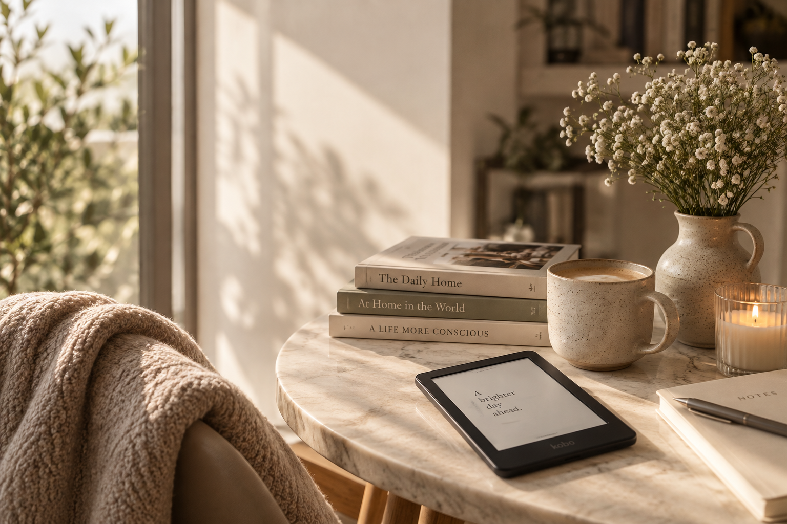 Soft Between Days — a quiet reading corner with books, a Kobo and coffee